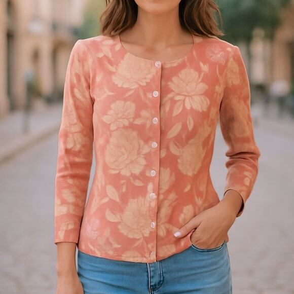 Talbots NWOT Pink and Cream 100% Cashmere Floral Cardigan Size Large - Picture 6 of 7